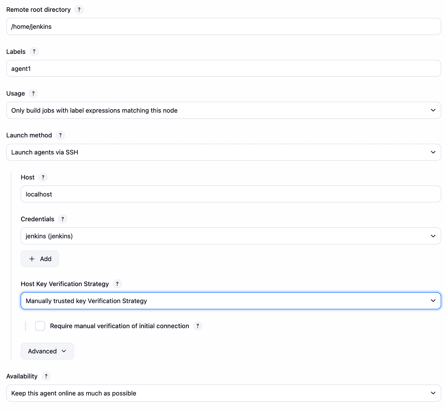 Node configuration page filled in.